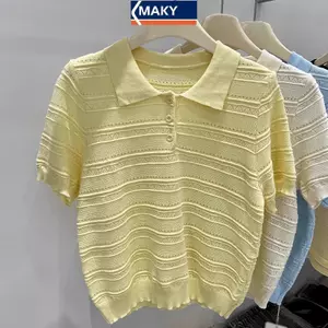 MAKY Hàn Quốc Tính Khí Rỗng Ve Áo Ngắn Tay Đa Năng Thường Ngày Dệt Kim Áo Thun Nữ VN