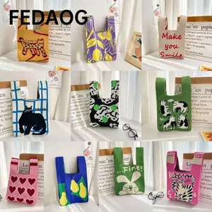 Túi đeo cổ tay FEDAOG, Túi xách dệt kim dung tích cao thủ công, Túi mua sắm dệt kim mèo thời trang dành cho nữ