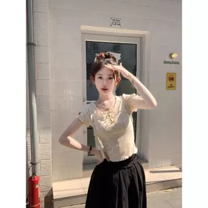 Áo thun ngắn tay nữ chấm bi Thiết kế vai trang trọng cao cấp Niche Bow Slim-Fit Summer Short Sweet Hot Girl Top