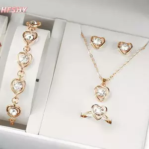 HFSHY 5 Chiếc Sang Trọng Hình Trái Tim Bộ Trang Sức Của Nelace Nhẫn Bông Tai Vòng Tay Nữ Cô Dâu Phụ Kiện Cưới Kỷ Niệm Quà Tặng VN