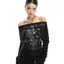 Áo thun dài tay phong cách châu Á Graffiti rách một vai Dây đeo lưng Dark Niche Slim-Fit Hot Girl Top
