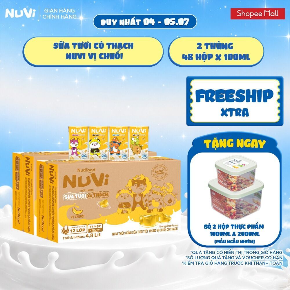 Combo 2 Thùng 48 Hộp NuVi Thức Uống Sữa Tươi Tiệt Trùng Vị Chuối Có Thạch 100 ml