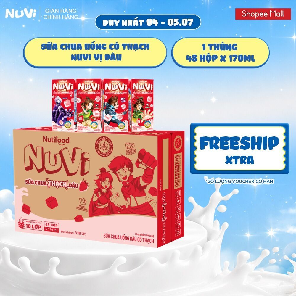 Thùng 48 Hộp Sữa Chua Uống Có Thạch NuVi Vị Dâu 170ml