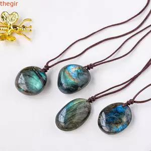 Mặt dây chuyền Labradorite tự nhiên THEGIRL8B, Bút chì Labradorite phong cách dân tộc tinh tế, Đánh bóng thô đơn giản có dây huấn luyện tự nhiên Trang trí nội thất