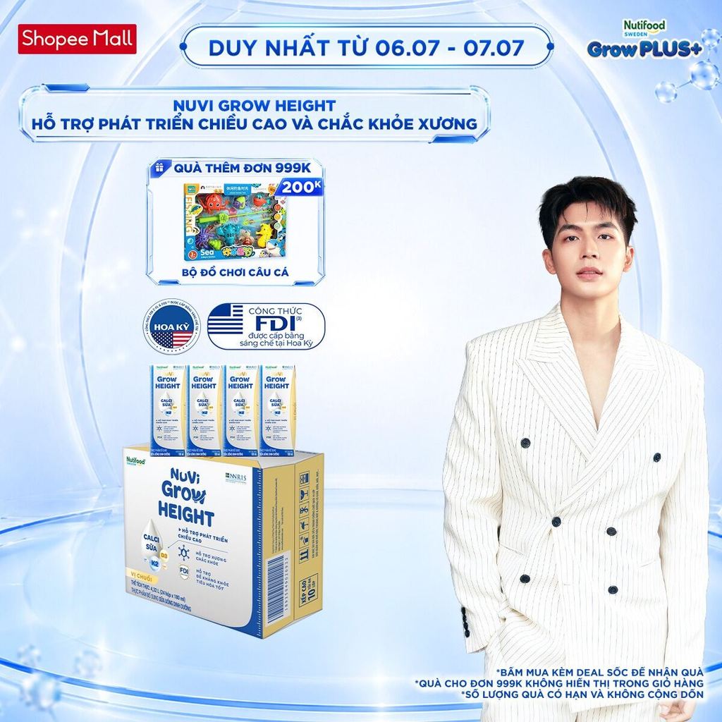 Thùng 24 hộp SBPS Nuvi Grow Height vị chuối 1+ hỗ trợ phát triển chiều cao hộp 180ml
