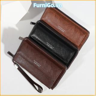 Túi ly hợp FURNIGO, Ví dài có dây kéo hai lớp, Túi điện thoại PU nhiều thẻ dung tích lớn dành cho nam