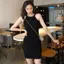 Mùa hè Retro Phong cách Hồng Kông Váy dệt kim cổ dây lệch vai Túi thắt lưng eo hẹp Hip Slim