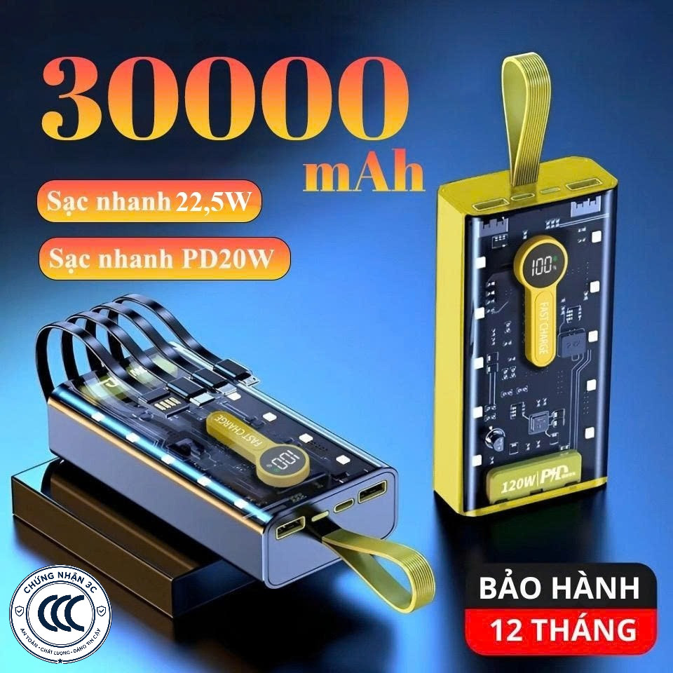 Sạc Dự Phòng 22,5W 30000mAh Sạc Nhanh Trong Suốt Tích Hợp 4 Cổng Sạc Tiện Lợi Có Đèn LED