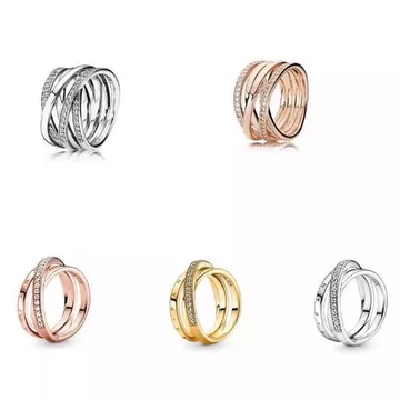 nhẫn bạc thật nhẫn bạc Pan 's Bạc 925 Phong Cách Mới Pavé Kẻ Sọc Staggered Ba Nhẫn Kim Cương Bạc Hoa Hồng Vàng Đa Vòng Nhẫn