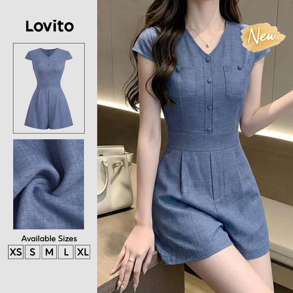 (New Arrival) Lovito Bộ áo liền quần thanh lịch giả túi xếp ly mùa xuân/hè màu xanh dành cho nữ JRB201P1D408