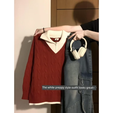 áo len nữ áo len Preppy Phong Cách Khâu Giả Hai Mảnh Áo Len Đan Đỏ Nữ Thu Đông Ve Áo Rời Lười Phong Cách Áo Chui Đầu