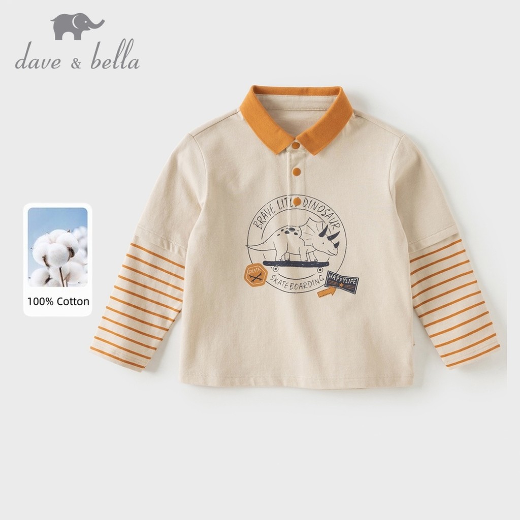 Dave Bella 9M-9Y Áo polo dài tay bé trai 100% cotton áo phông trẻ em giả hai lớp mùa thu DB3262563