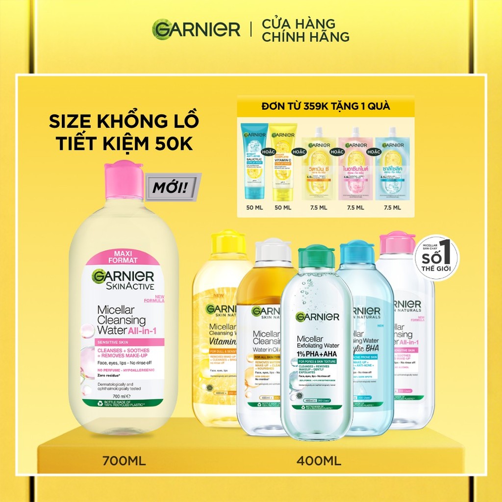 [CÓ SIZE MỚI] Nước Tẩy Trang làm sạch sâu dịu nhẹ cho mọi loại da - Garnier Micellar Cleansing Water 400ml & 700ml