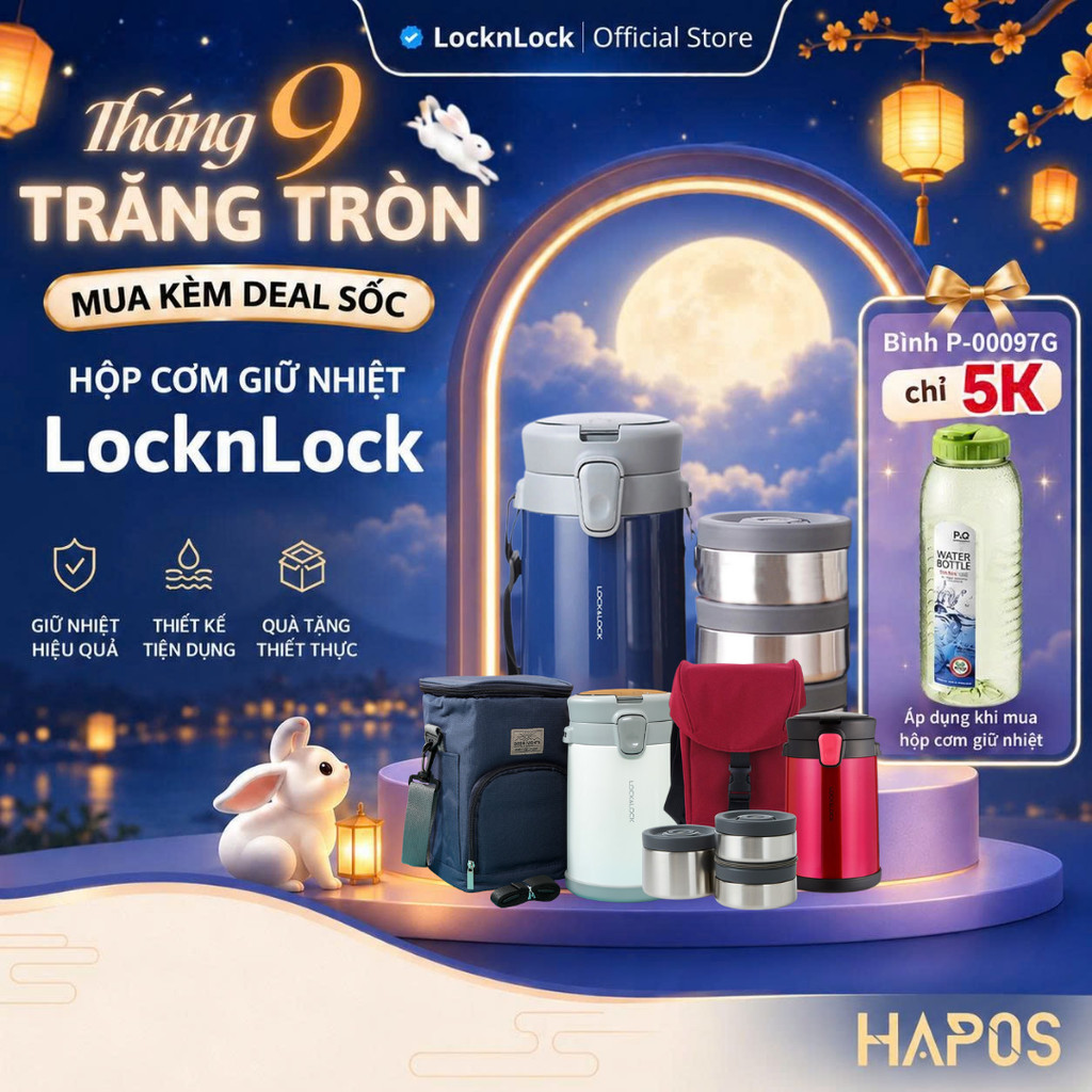 Hộp cơm giữ nhiệt 2 Lít LocknLock (3 ngăn) Chinh hãng, Kèm bộ muỗng nĩa, có túi giữ nhiệt lâu LHC8039BLU - HAPOS LOF