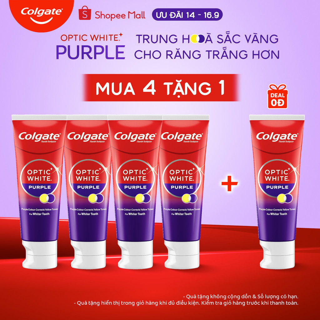 Bộ 4 Kem Đánh Răng Colgate trắng răng Optic White Purple 100g công nghệ sắc tím, trung hòa ố vàng tức thì
