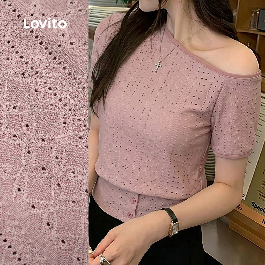 Lovito Áo thun nữ mùa xuân/hè màu xám hồng Jacquard bất đối xứng nút áo thanh lịch TSK8P2D644