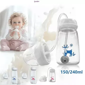 Bình sữa LYNDON, Bình sữa sơ sinh cổ bình 150 / 240ml, Bình sữa không tay đáng yêu có ống hút chống nghẹt cho trẻ sơ sinh Núm vú giả bình sữa