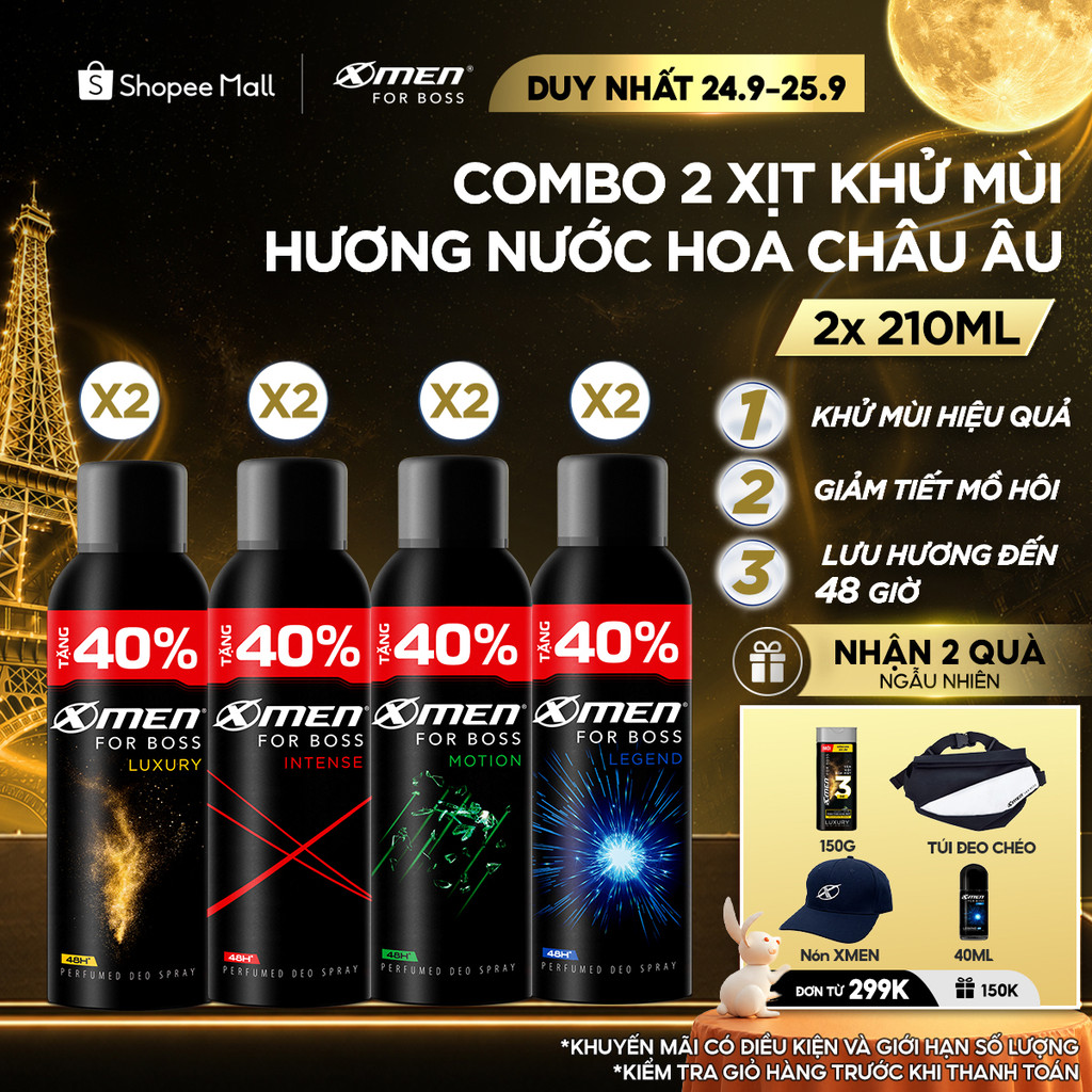 [Tặng thêm 40% dung tích] Combo 2 Xịt khử mùi X-Men For Boss 210ml/chai Khô Thoáng Lưu Hương 48H