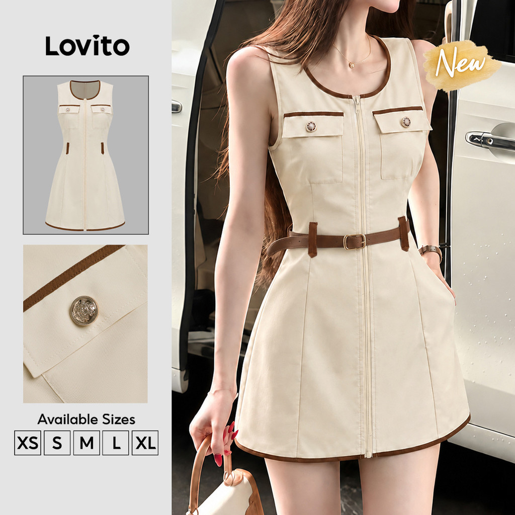 (New Arrival) Lovito Đầm Kaki nữ dáng xòe ngắn cổ chữ U viền tương phản túi giả thoải mái nhưng vẫn thời Trang Phong cách thường ngày Cho mùa xuân mùa hè và cuối tuần (không Kèm Thắt Lưng) DRK10P2D639
