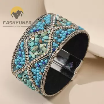 Vòng tay khóa từ tính FASHYUNER, Vòng tay đính đá hoa họa tiết hoa thủ công, Phong cách dân tộc Đóng cửa từ tính Màu ngọc lam Vòng tay nữ Vòng đeo tay nữ Vòng đeo tay nữ