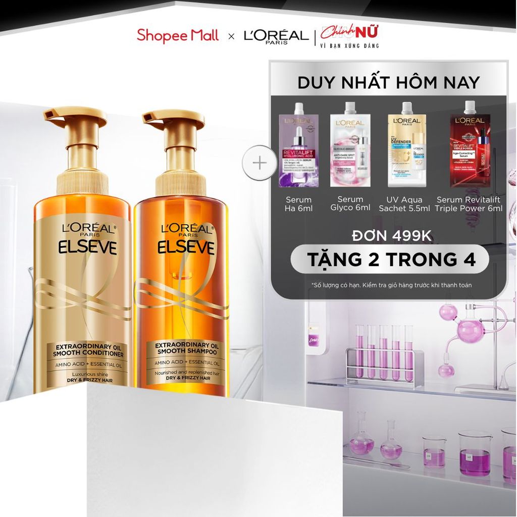 Bộ gội xả dưỡng tóc suôn mượt cao cấp L'Oreal Paris Extraordinary Oil Smooth 440ml x2