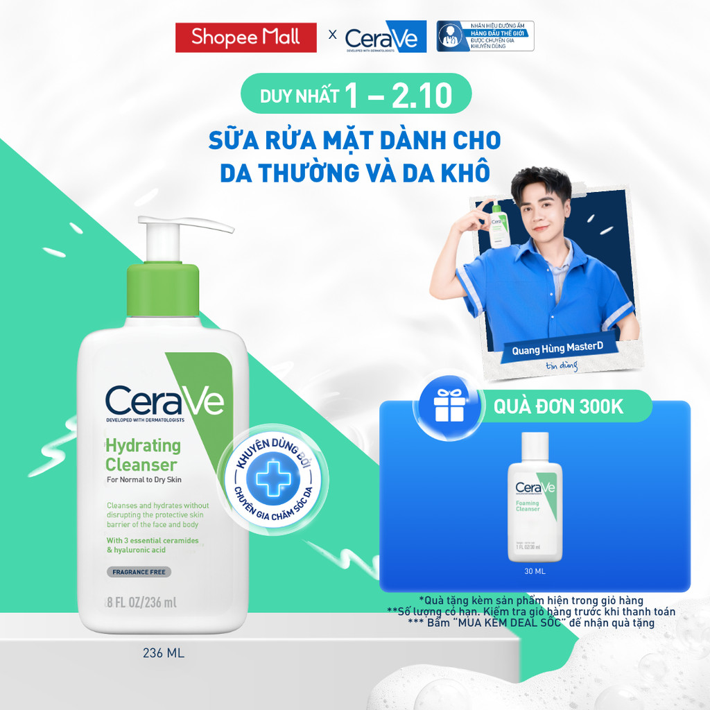 Sữa rửa mặt giúp làm sạch sâu dành cho da thường và da khô Cerave Hydrating Cleanser 236ML
