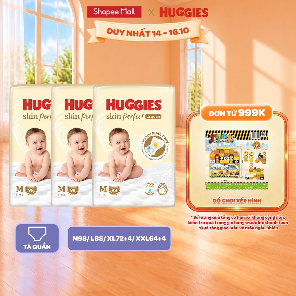 Combo 3 gói Tã/Bỉm quần Huggies Skin Perfect Mega Jumbo cỡ M/L/XL/XXL với 2 vùng thấm giảm kích ứng