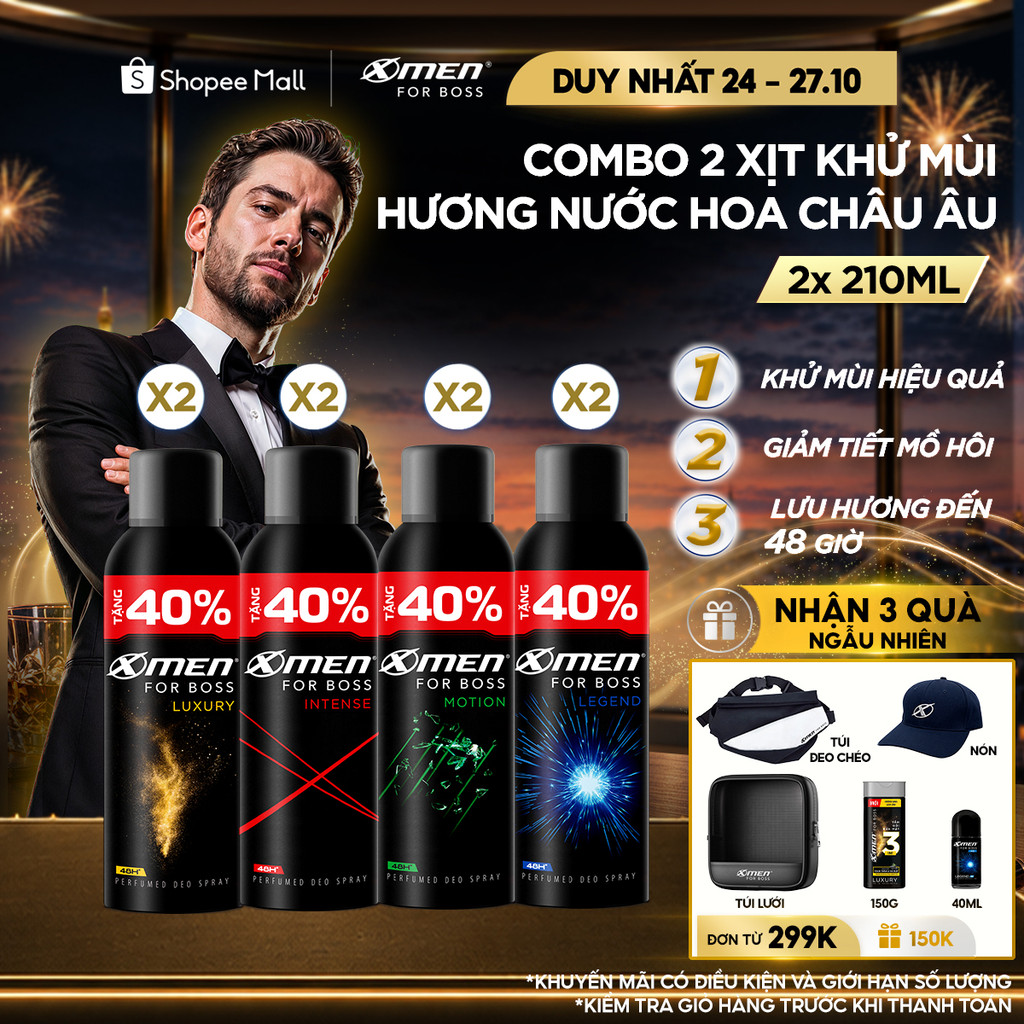 [Tặng thêm 40% dung tích] Combo 2 Xịt khử mùi X-Men For Boss 210ml/chai Khô Thoáng Lưu Hương 48H