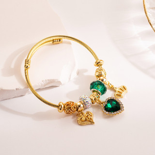 Vòng tay Pandora thép không gỉ, mặt pha lê và kim cương nhân tạo, thiết kế trái timadjustable cho nàng