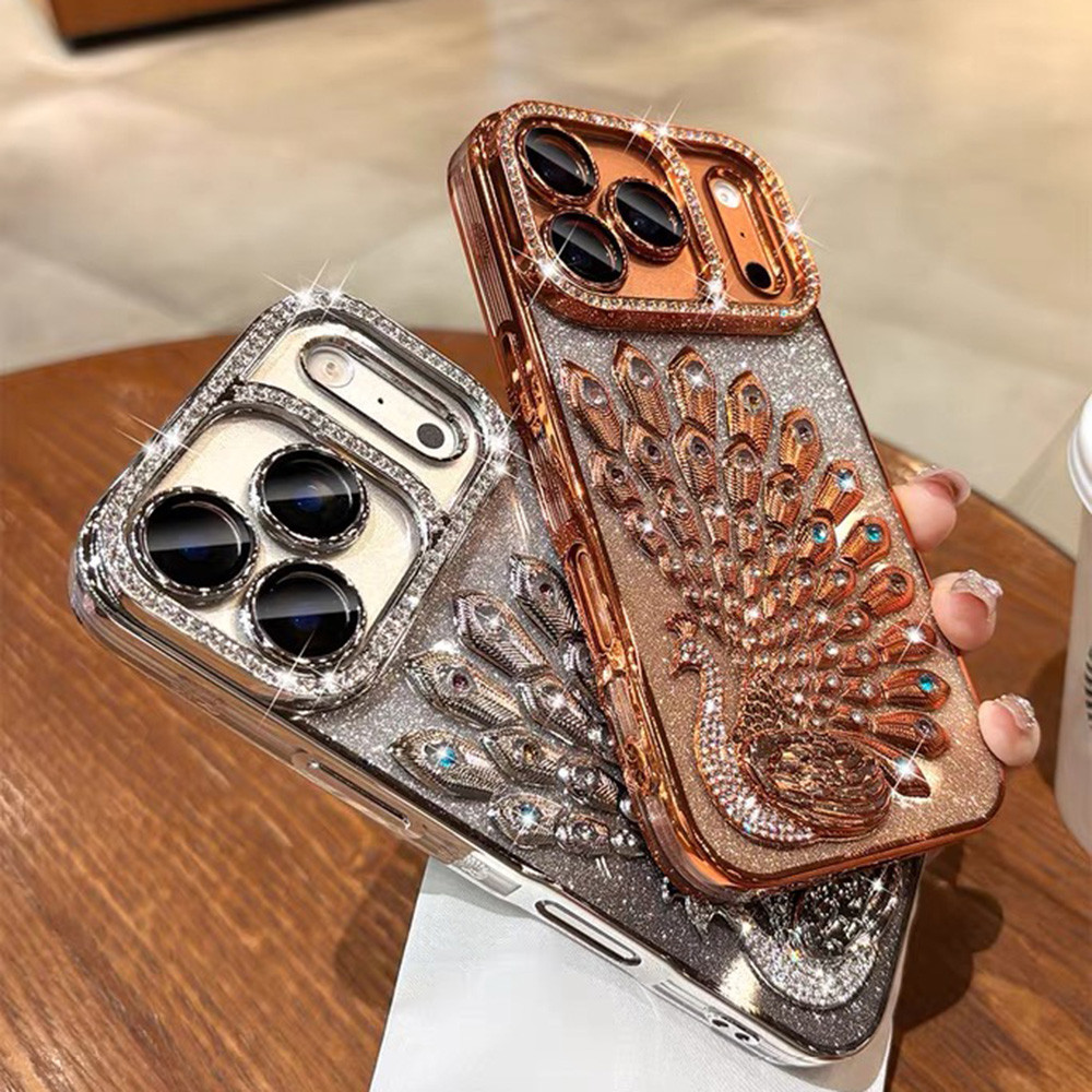 Sang Trọng Con Công Lấp Lánh Mạ Có Ống Kính Phim Vỏ Điện Thoại Cho iPhone 17 Pro Max 17 Air 16 Plus 15 14 13 Vỏ Bảo Vệ Chống Sốc
