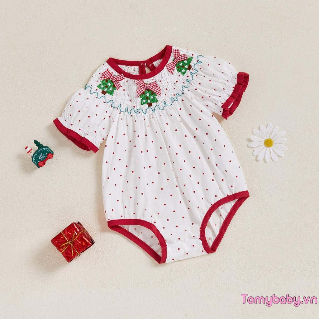 Bé Gái Mùa Hè Áo Liền Quần Chấm Cây Giáng Sinh Thêu Co Giãn Cổ Tròn Xù Tay Ngắn Jumpsuit