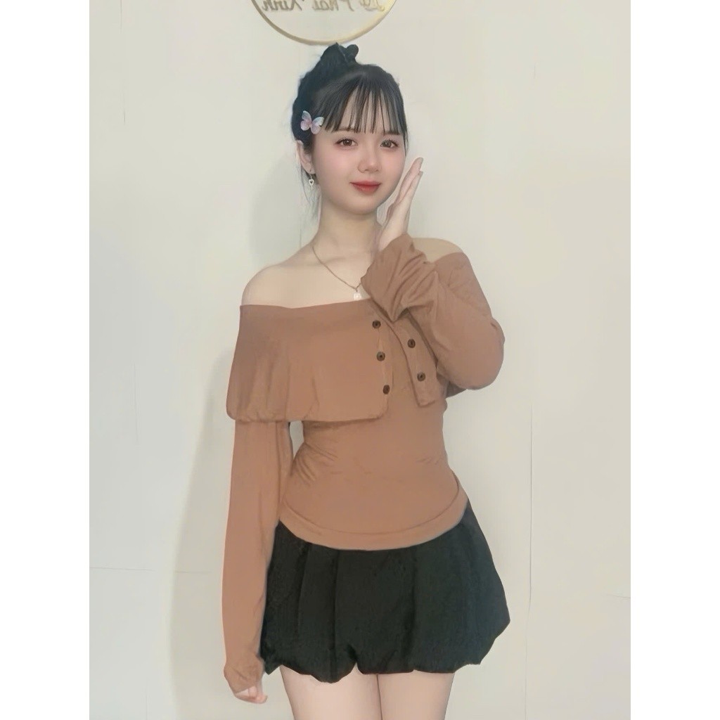 Set áo hở vai phối nút thun tăm kèm chân váy bí  Bs059 vải dày dặn size 45-90kg- Em Xinh Bigsize