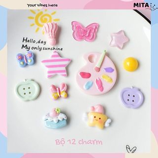 Set 12 Sticker, Charm 3D chủ đề Họa sĩ DIY Mita gắn Dép Sục, Cá Sấu JB-354