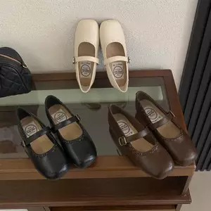 TT Mũi Vuông Dây Đeo Bằng Mary Jane Giày Nữ Đế Bằng Tất Cả Trận Đấu Giày Da Nhỏ Da Thật Chính Hãng Giày Thời Trang