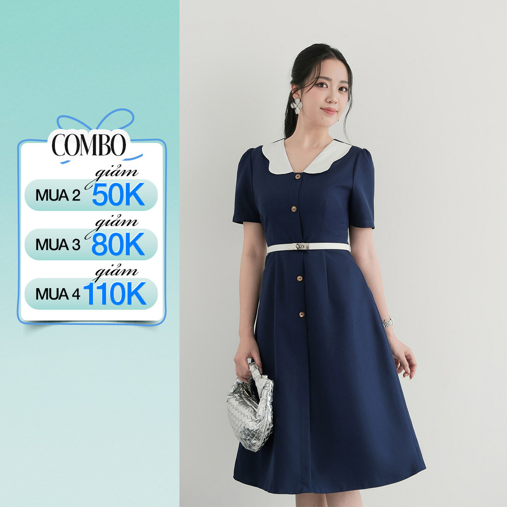 Đầm Dáng A Nữ GUMAC Váy Công Sở Phối Bâu Trắng Dáng Dài Qua Gối Nhẹ Nhàng Nữ Tính LDD1214