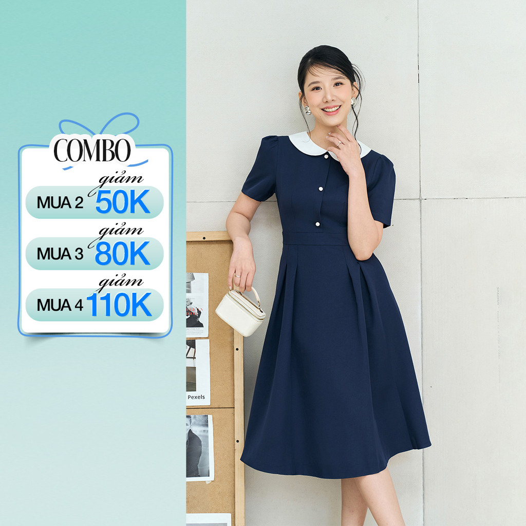 Đầm Chữ A Nữ GUMAC Váy Công Sở Xòe Phối Cổ Bâu Sen Tiểu Thư Có Túi Vải Cotton LDE0821