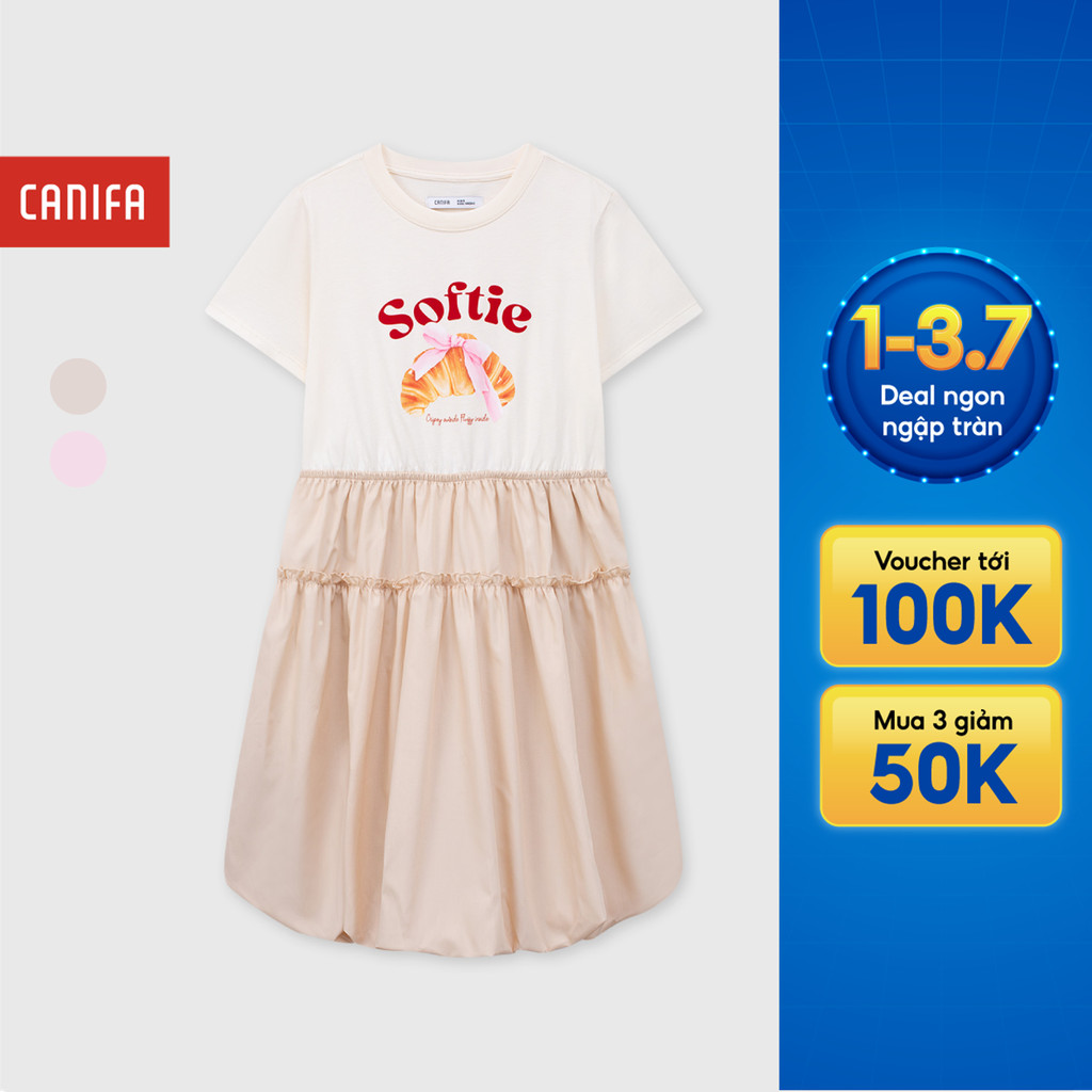 Váy liền bé gái CANIFA đầm dáng bí cộc tay cotton pha mềm thoáng khí 1DS26C003