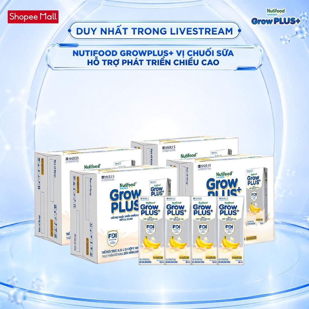 [Livestream Hannah Olala] Combo 4 Thùng 24 hộp Sữa bột pha sẵn Nutifood GrowPLUS+ Vị Chuối Sữa hộp 180ml - Trên 1 tuổi