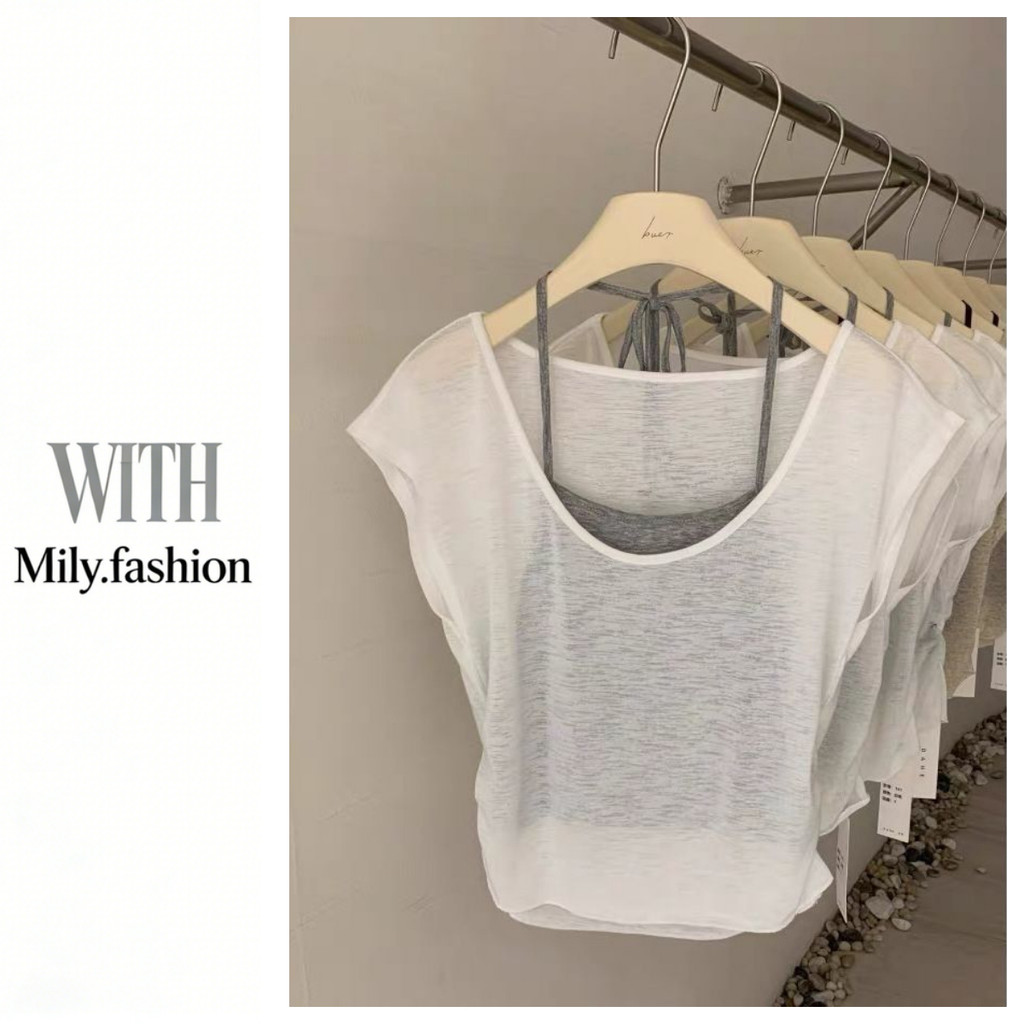 Milyfashion Giả Hai Mảnh Tay Ngắn + Dây Sling Cổ Chữ U Lớn Áo Thun Ngắn Tay Slim-Fit Sli