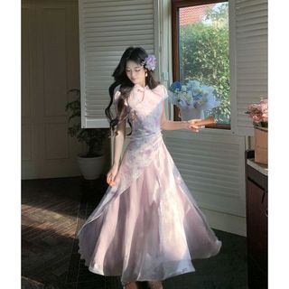 Sườn Xám cao cấp Phong Cách Trung Hoa Mới Cải Tiến,Váy Sườn Xám In Họa Tiết Thanh Lịch Cho Nữ mùa Hè