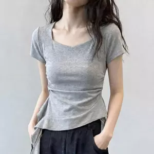Áo thun ngắn tay ruy băng xù cỡ lớn mùa hè Fat mm Cover Belly Slimer Look Square Neck Square Shoulder Top