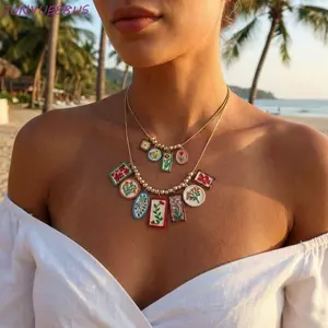 Vòng cổ hoa tráng men JUNYUE88US, Vòng cổ mặt dây chuyền hoa nhiều lớp dây chuyền kim loại, Thời trang vàng quyến rũ phong cách dân tộc nhiều lớp Choker Xuân hè