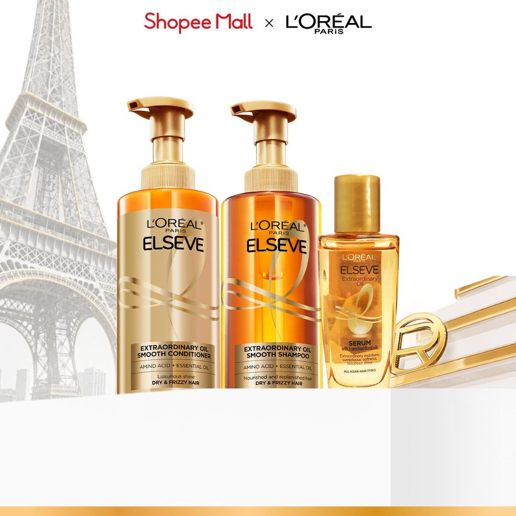 Bộ gội xả dưỡng tóc suôn mượt tóc cao cấp L'Oreal Paris Sleek 440ml x2 & Dầu dưỡng chiết xuất tinh dầu 30ml