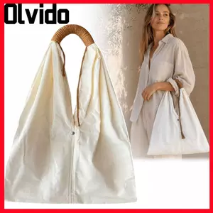 Túi xách vải OLVIDO DIY, Túi xách vẽ tay màu trắng, Túi đeo một vai dung tích lớn phong cách rừng trống sáng tạo
