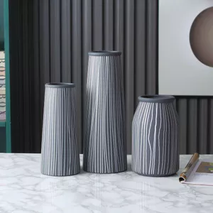 Bình gốm sọc đơn giản để trang trí phòng khách Retro Để bàn Bình hoa hẹp dài cho kệ hành lang Phòng tắm Phòng ngủ Kiểu dáng nhà