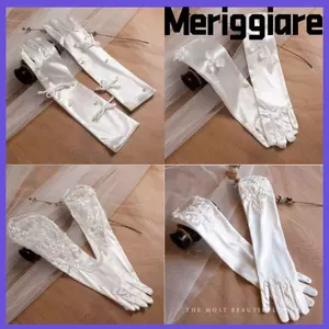 Găng tay cô dâu MERIGGIARE, Găng tay dự tiệc ren Satin Christmals dài, Tiệc cưới Găng tay cưới ren trắng