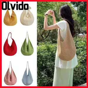 Túi đeo dưới cánh tay đơn OLVIDO, Túi dung tích lớn dệt màu trơn rỗng, Túi xách họa tiết móc Chất liệu lưới Thiết kế dệt kim Túi hở nách dệt mùa hè