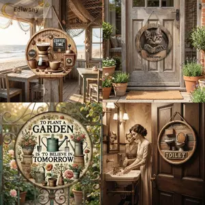 EDIWANY Treo Dấu Hiệu Bằng Gỗ, Ký Hiệu Cà Phê Phẳng 2D Ma Thuật, Mặt Dây Treo Cửa Tròn Retro WC Trang Trí Sân Vườn Văn Phòng