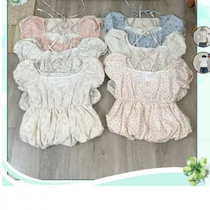 Áo Babydoll Hoa Phối Lót Ren Form Bí Xoè Cột Cổ Dễ Thương, Áo Kiểu Nữ Line45444 - - Hieuvy Botique