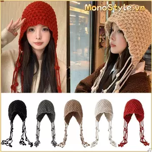 Mũ dệt kim MONOSTYLE bảo vệ tai ấm áp, thiết kế len tua rua phù hợp mùa thu đông